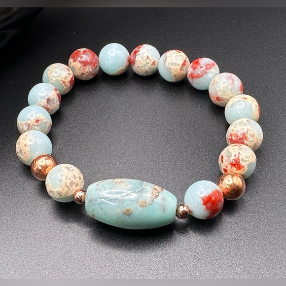 SNAKESKIN ( ICY SKY ) JASPER  NATURAL  BRACELET size 7” - Picture 4 of 9